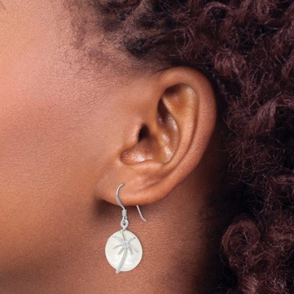 Sterling Silver Mother of Pearl Tropical Palm Tree Round Dangle Drop Earrings - Picture 3 of 5